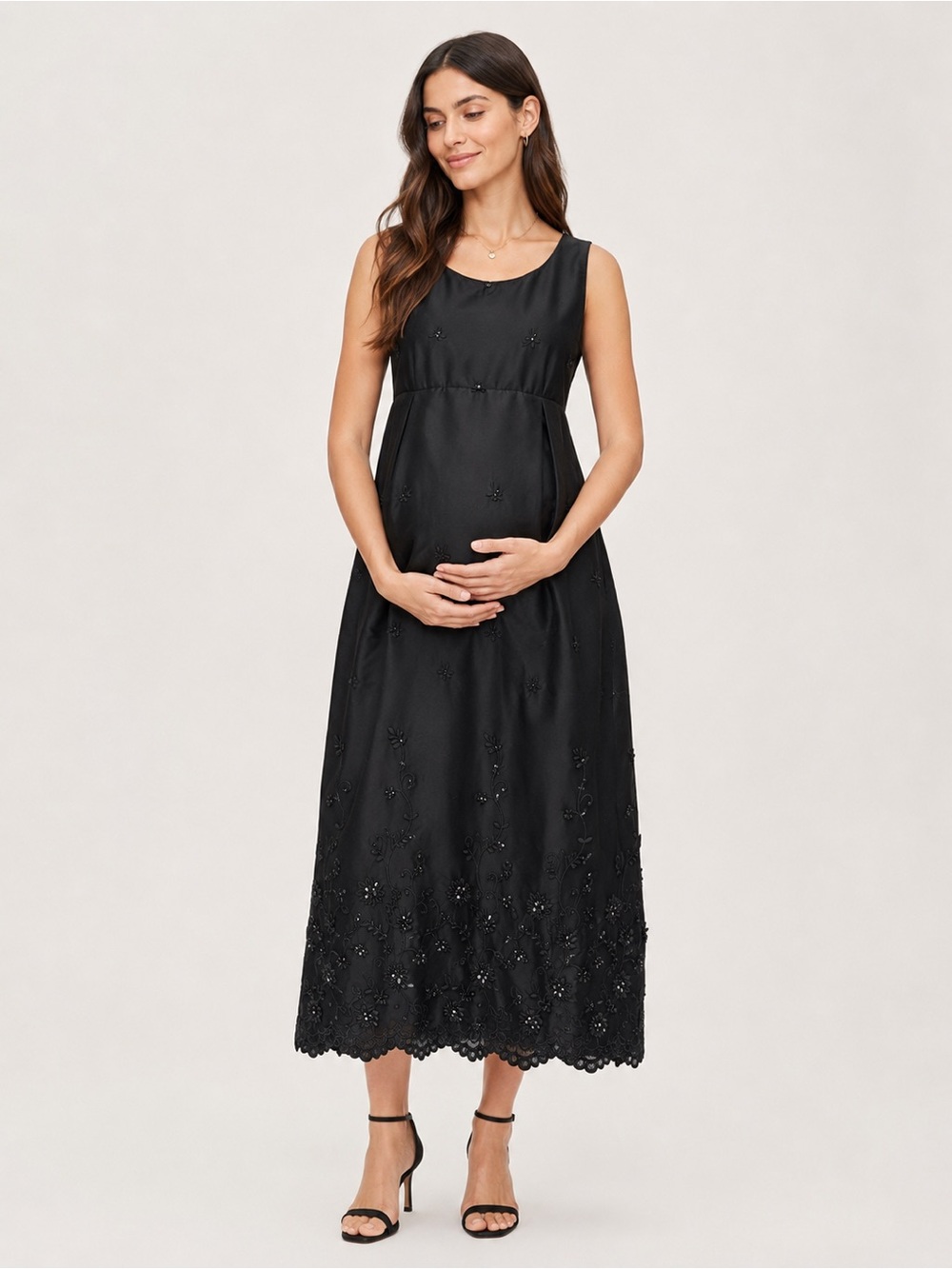 NEW Olian Black Sleeveless Embroidered Midi Maternity Dress Size XS Floral Beads